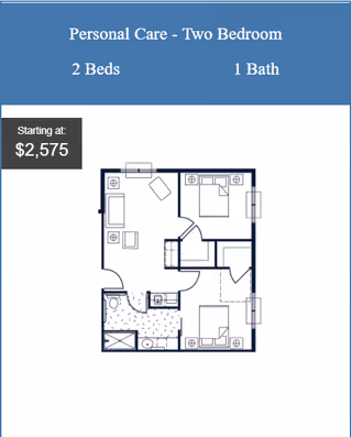Floor plan diagram titled 'Personal Care - Two Bedroom' showing a two-bedroom, one-bath layout with furniture icons and a starting price of $2,575.