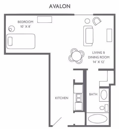 Floor plan labeled Avalon showing a bedroom measuring 10 by 8 feet, a combined living and dining room measuring 14 by 12 feet with furniture layout, a kitchen area, and a bathroom with a bathtub and toilet.