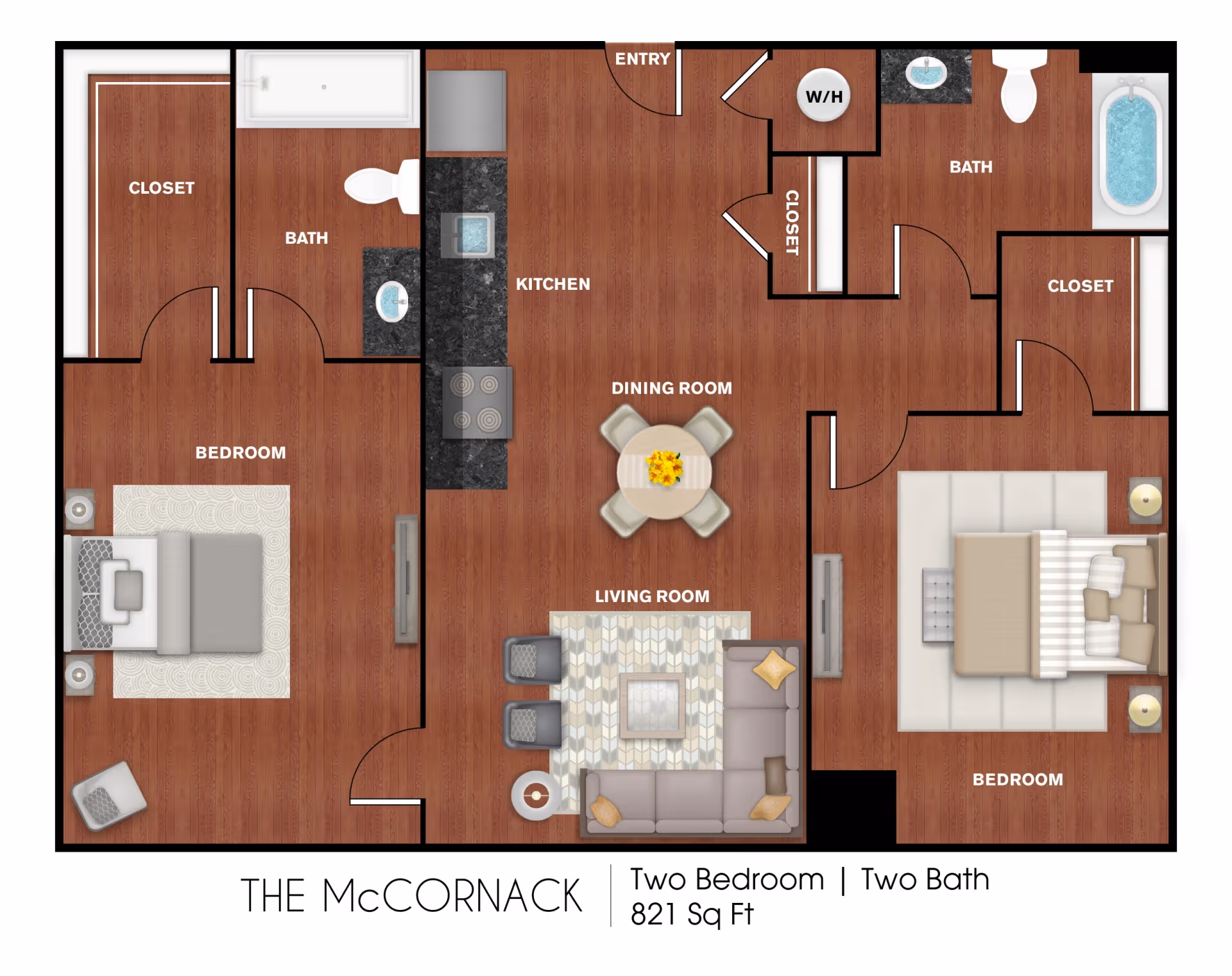 Floor plan of The McCornack apartment at The Longfellow Senior Housing showing two bedrooms, two bathrooms, a kitchen, dining room, living room, closets, and entry area. The layout includes furniture such as beds, sofas, dining table with chairs, and bathroom fixtures.