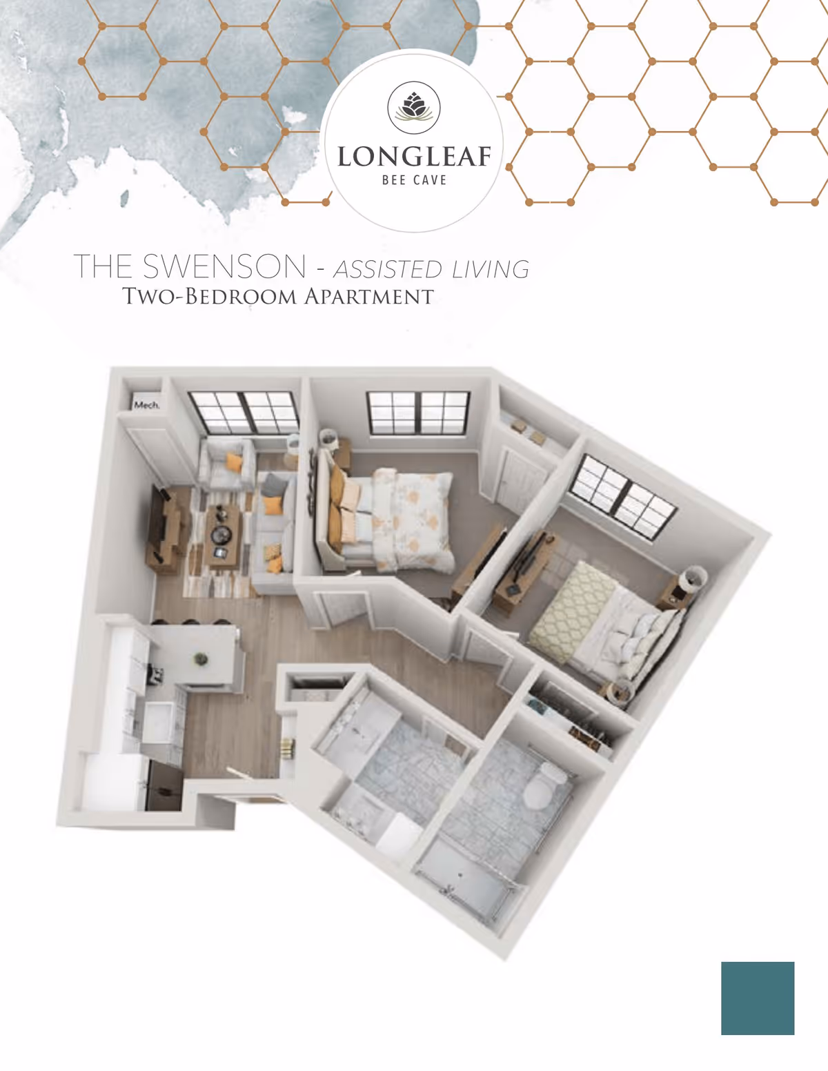 3D floor plan of The Swenson two-bedroom assisted living apartment at Longleaf Bee Cave, showing a living room with sofa and TV, kitchen with appliances and island, two bedrooms with beds and nightstands, and a bathroom with shower, toilet, and sink.