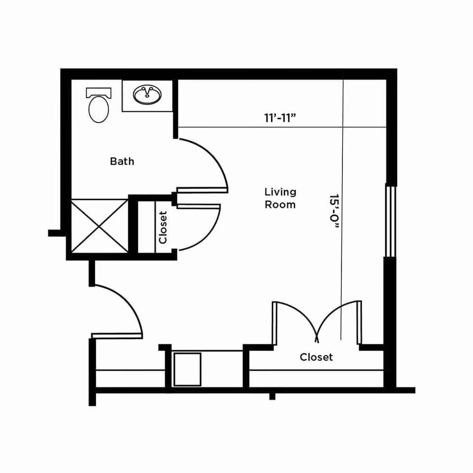 Floor plan layout showing a living room measuring 11 feet 11 inches by 15 feet with two closets and an adjacent bathroom with a toilet, sink, and shower.