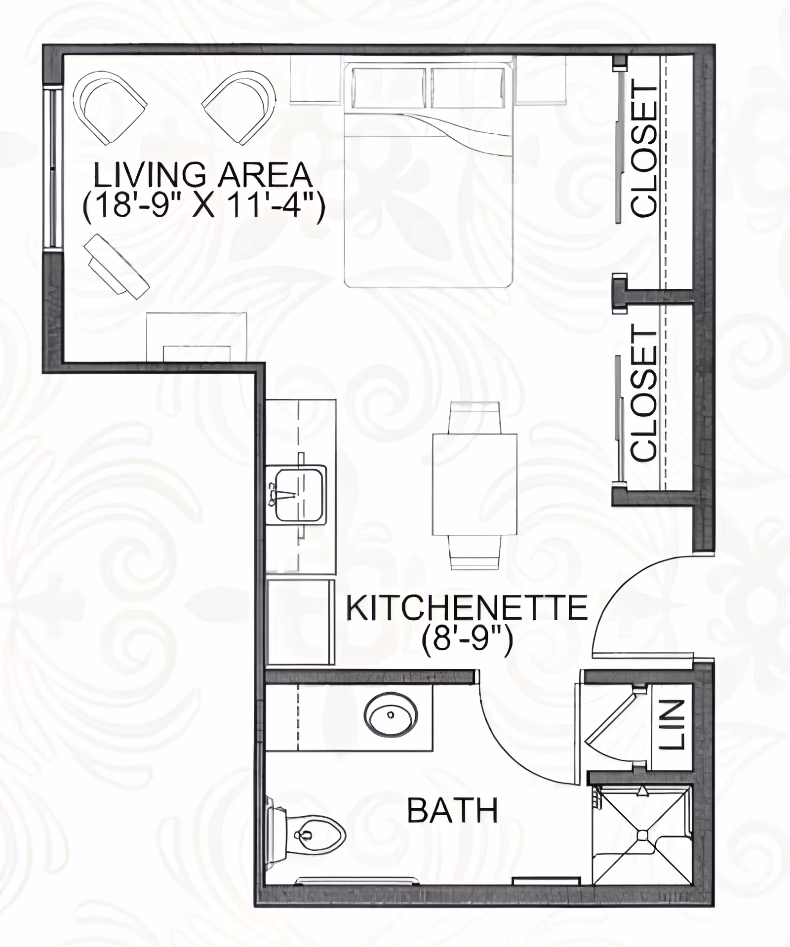 Floor plan of a senior living unit at Heritage Senior Campus showing a living area with two chairs and a bed, a kitchenette with a sink and dining table, a bathroom with a toilet, sink, and shower, and two closets.