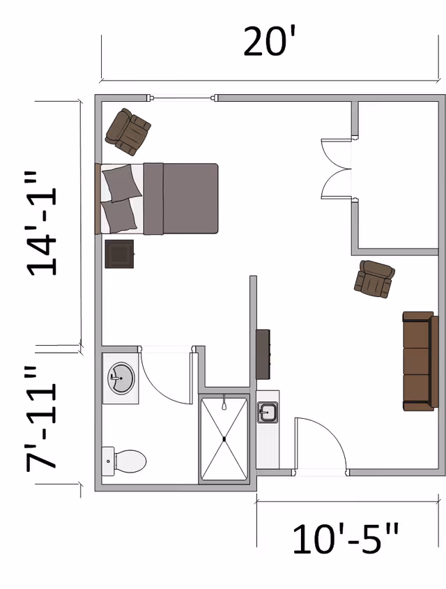Architectural floor plan of a senior living unit showing a bedroom with a bed, two chairs, and a nightstand; a living area with a sofa and chair; a bathroom with a toilet, sink, and shower; and a small kitchenette area with a sink. Dimensions of the rooms are labeled.