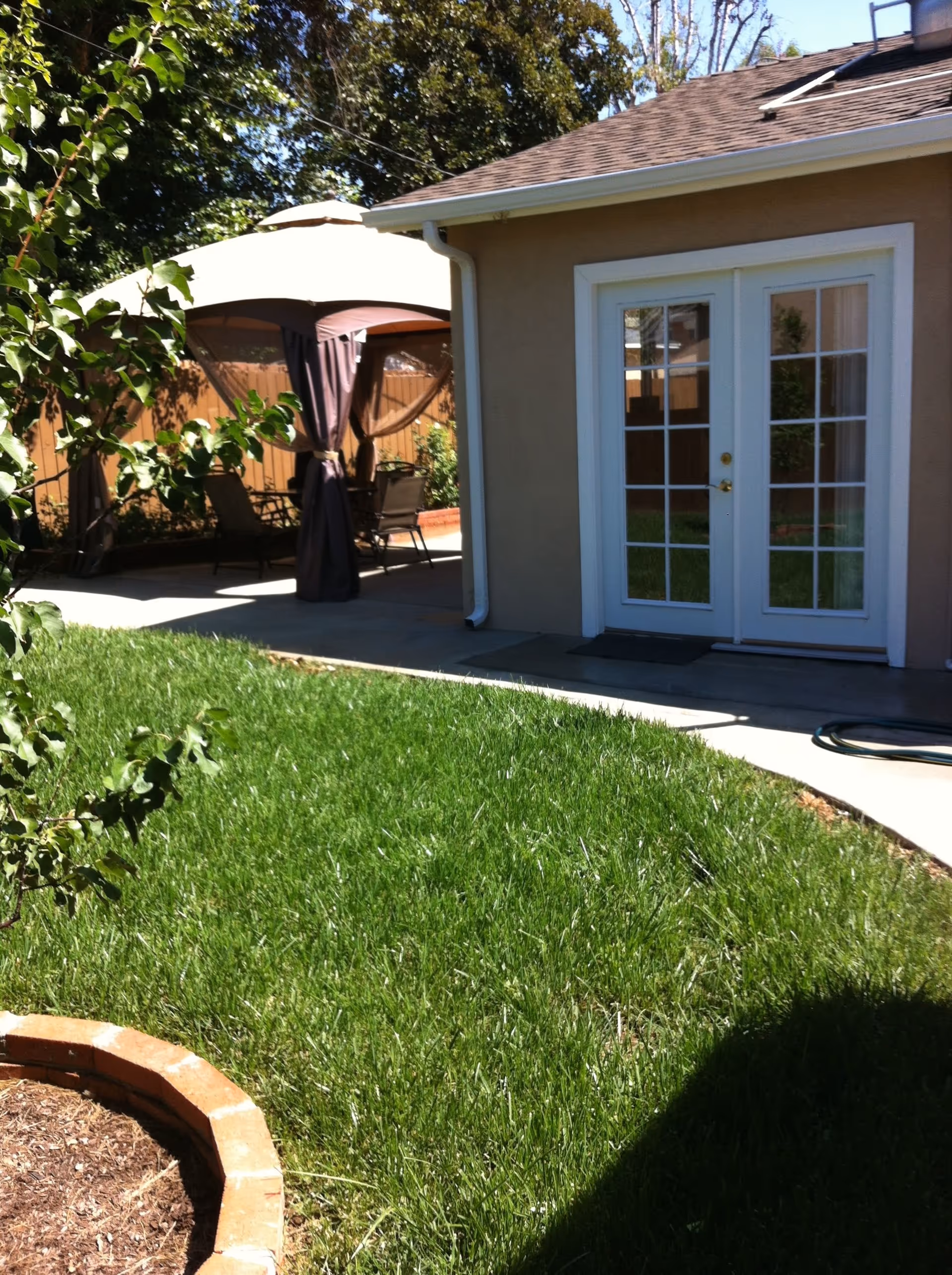A backyard area with green grass, a small tree in a circular brick planter, a concrete pathway, and a beige building with white-framed double glass doors. There is a gazebo with a canopy and outdoor chairs under it, surrounded by a wooden fence and trees in the background.