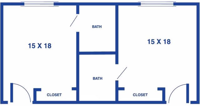 Architectural floor plan showing two adjacent rooms each measuring 15 by 18 feet, each with a closet and a bathroom between them.