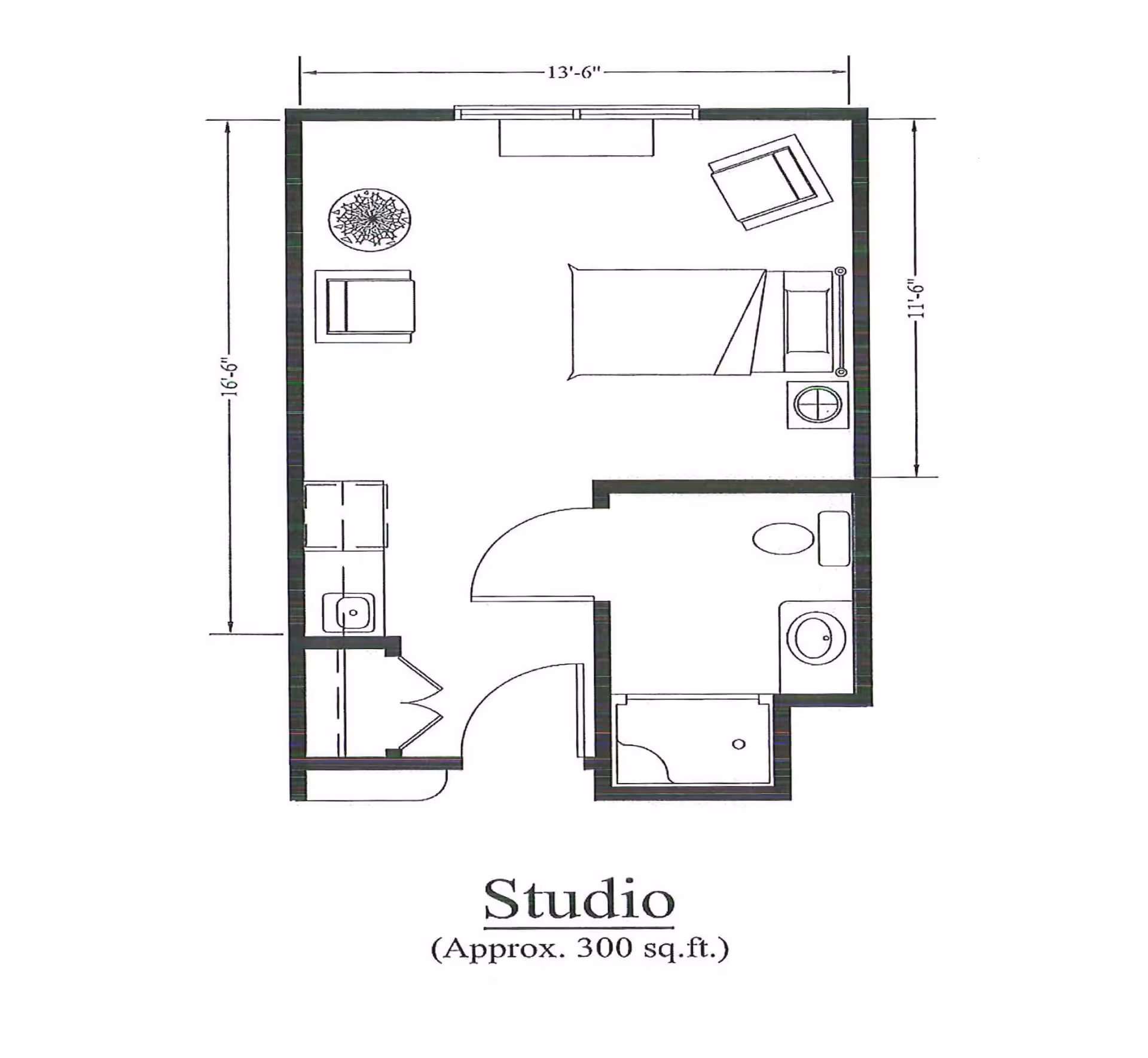 Floor plan of a studio apartment (approx. 300 sq. ft.) showing a bed, seating area, kitchenette, and bathroom layout.