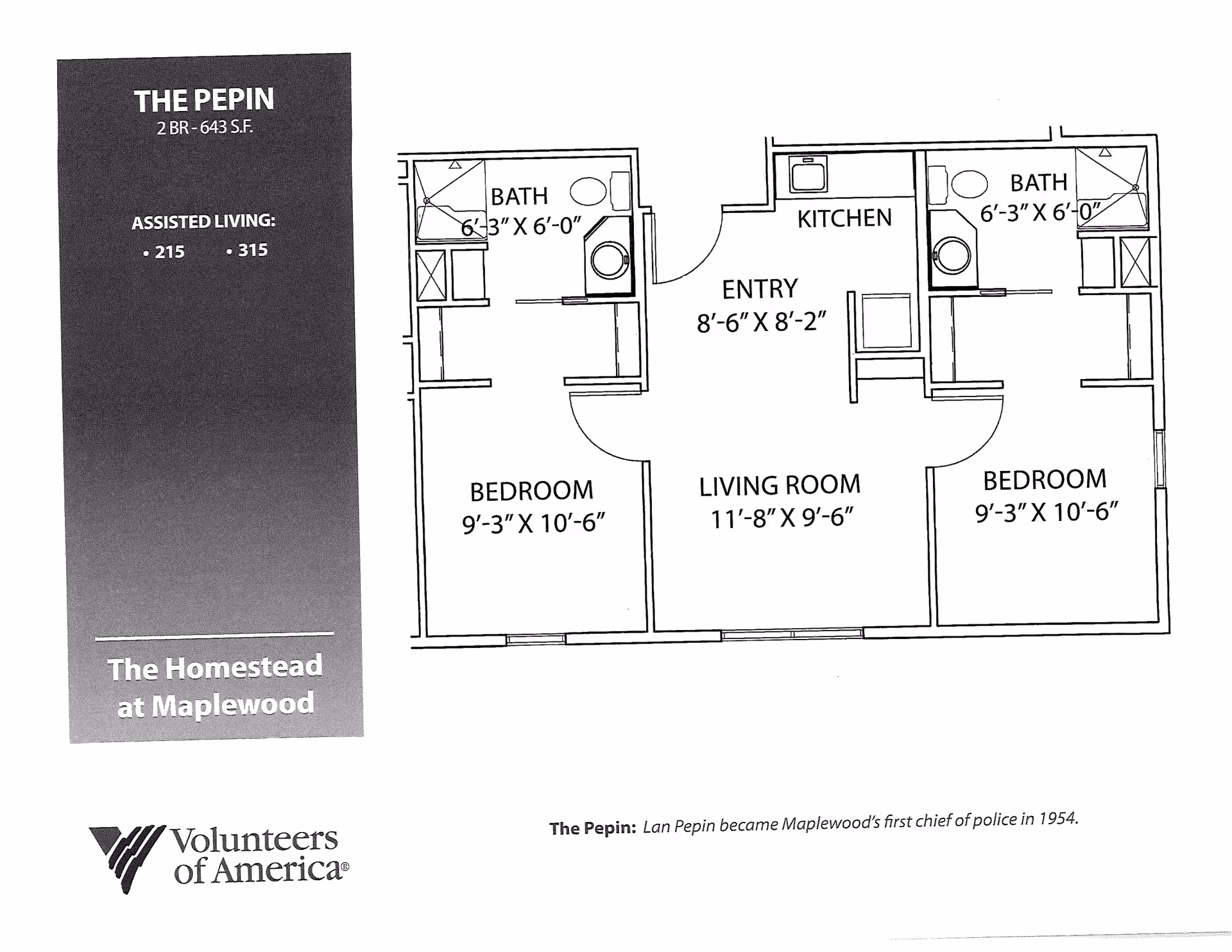 Floor plan of The Pepin, a 2-bedroom assisted living unit at The Homestead at Maplewood, showing two bedrooms, two bathrooms, a kitchen, an entry area, and a living room with dimensions.