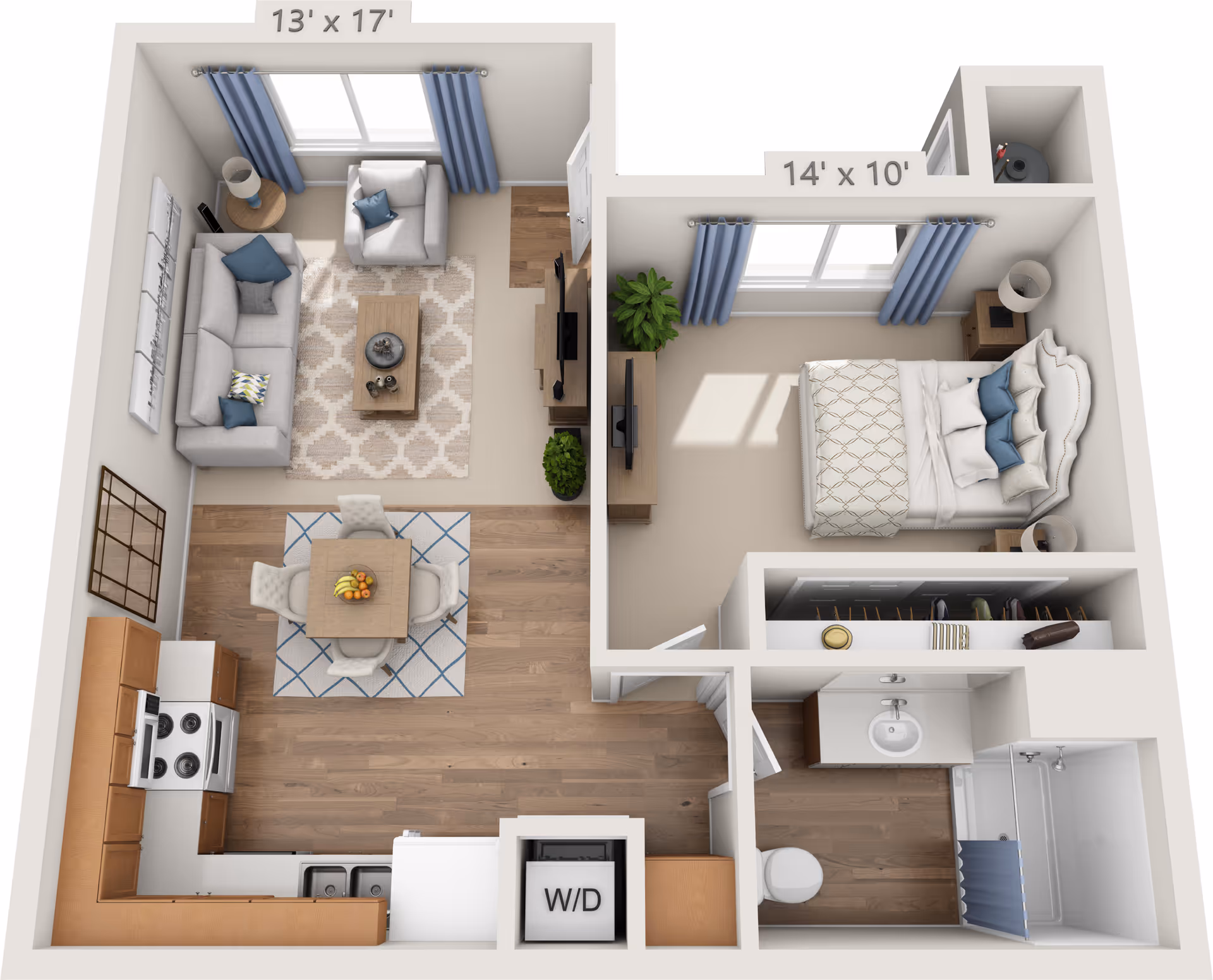 3D floor plan of a one-bedroom apartment featuring a living room with a sofa, armchair, coffee table, and TV, a dining area with a table and four chairs, a kitchen with appliances and cabinets, a bedroom with a bed, nightstands, and a TV, and a bathroom with a sink, toilet, and shower. The apartment also includes a closet and a washer/dryer unit.