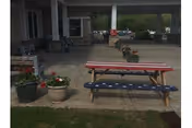 Covered outdoor patio area with picnic tables painted in red, white, and blue, several potted plants with flowers, and chairs arranged along the building wall. Cars and greenery are visible in the background.