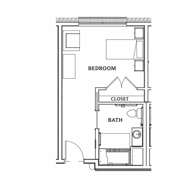Architectural floor plan showing a bedroom with a bed, two chairs, a closet, and an attached bathroom with a toilet, sink, and bathtub.