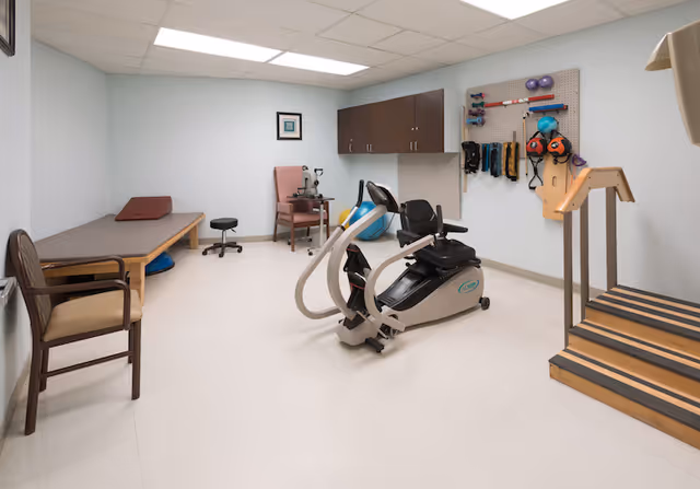 A physical therapy or rehabilitation room with exercise equipment including a recumbent bike, therapy steps with handrails, a treatment table with a pillow, chairs, and various therapy tools and exercise balls mounted on a pegboard on the wall.