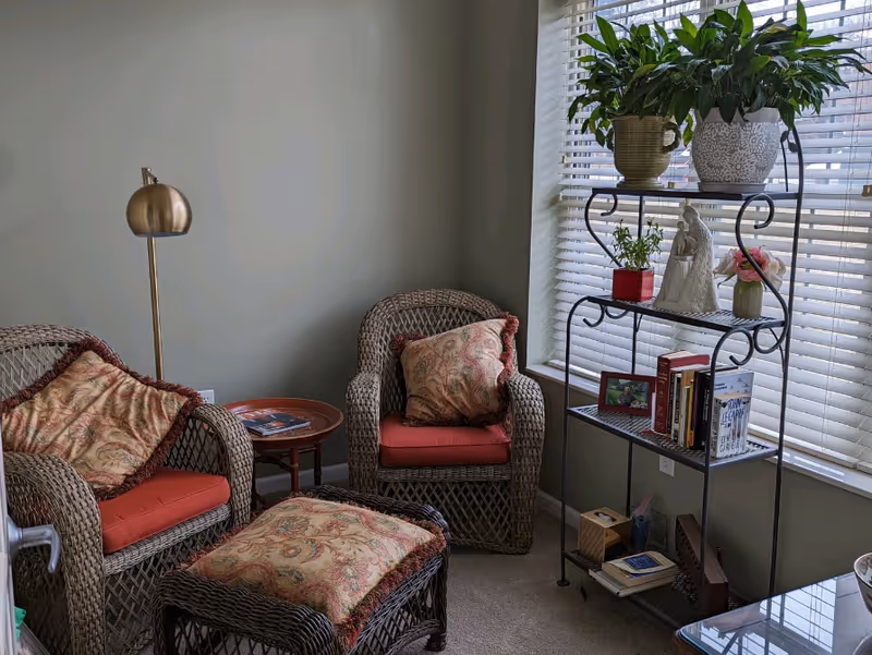 A cozy sitting area with two wicker armchairs and a matching ottoman, all with red cushions and patterned pillows. A small round side table with a magazine and a tall brass floor lamp are positioned between the chairs. Next to the seating area is a black metal shelving unit with potted plants, books, a framed photo, and decorative items. The room has light green walls and a large window with white blinds letting in natural light.