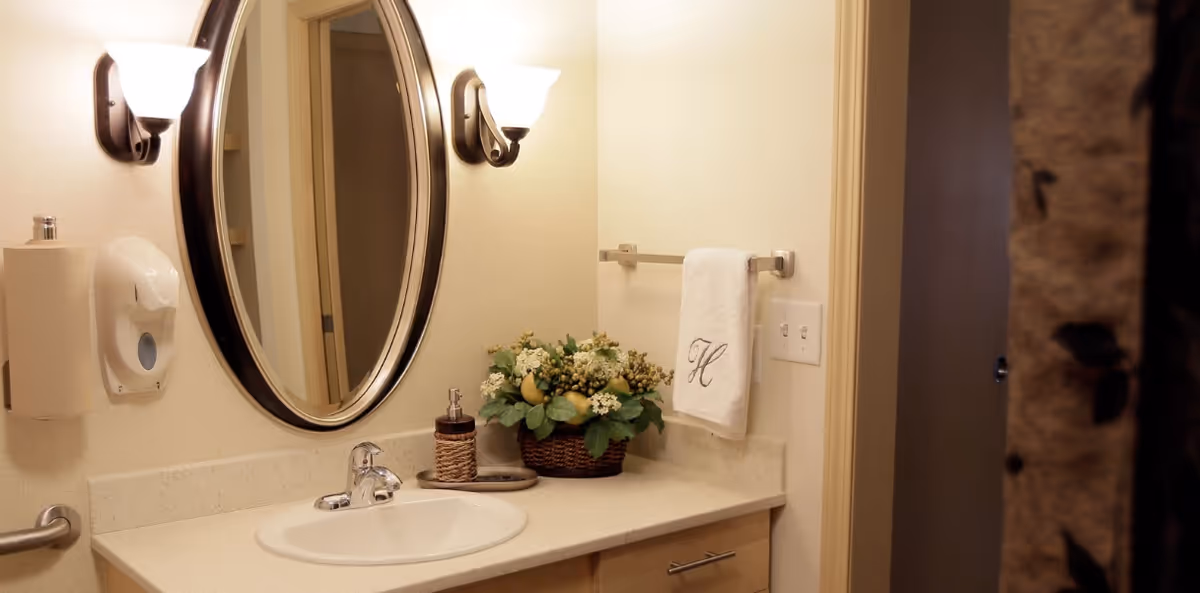 A bathroom vanity area with a white sink, a round mirror with a dark frame, two wall-mounted light fixtures, a soap dispenser, a basket with artificial flowers, a towel rack with a white towel embroidered with the letter 'H', and a paper towel holder mounted on the wall.