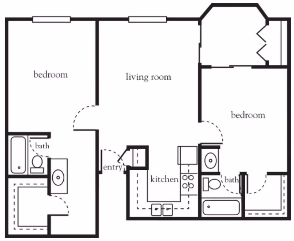 Floor plan of a two-bedroom apartment with a living room, kitchen, two bathrooms, and an entry area.