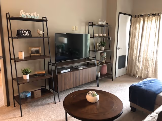 A cozy living room with a flat-screen TV on a wooden stand flanked by two black metal shelves holding decorative items such as plants, books, and signs that read 'Serenity' and 'thankful'. A round wooden coffee table with a white bowl centerpiece is in front of a beige carpeted floor. Light beige curtains cover a window or door on the right side.