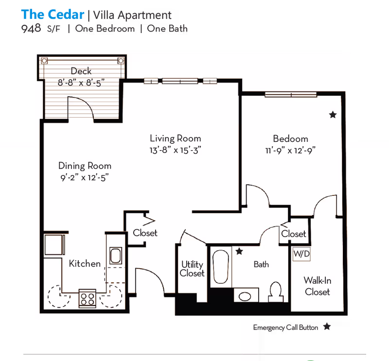 Floor plan of The Cedar villa apartment at Evergreen Woods, showing a one-bedroom, one-bath layout with a deck, dining room, kitchen, living room, bedroom, bath, utility closet, walk-in closet, and washer/dryer area.