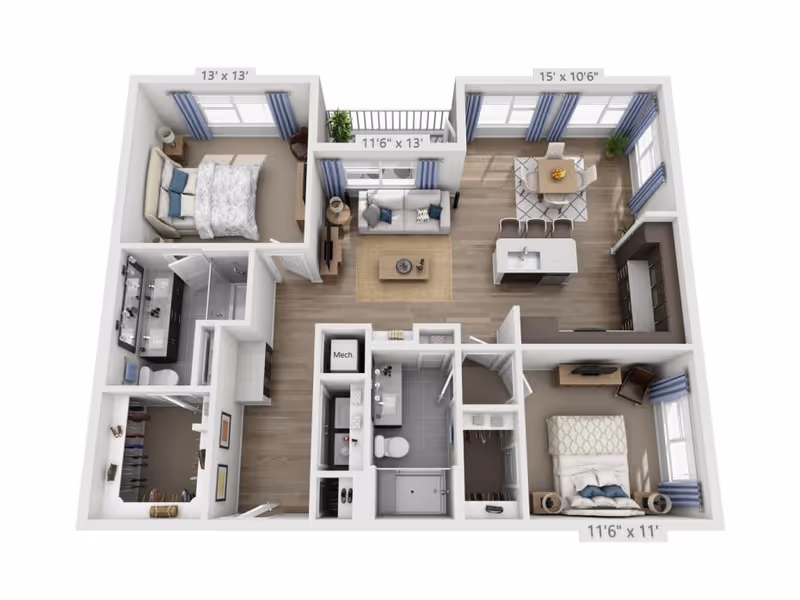 3D floor plan of an apartment at Overture Barrett showing two bedrooms, two bathrooms, a living room, a dining area, and a kitchen. The larger bedroom measures 13 by 13 feet and includes a walk-in closet and an attached bathroom with double sinks and a shower. The smaller bedroom measures 11 feet 6 inches by 11 feet and is adjacent to a bathroom with a shower. The living room measures 11 feet 6 inches by 13 feet and is furnished with a sofa and coffee table. The dining area measures 15 feet by 10 feet 6 inches and includes a dining table and chairs. The kitchen features an island with a sink and bar seating. The apartment has wood flooring in the living, dining, and kitchen areas, and carpet in the bedrooms.