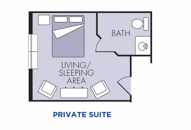Floor plan of a private suite showing a combined living and sleeping area with a bed, two chairs, and a table, along with a separate bathroom containing a toilet and a sink.