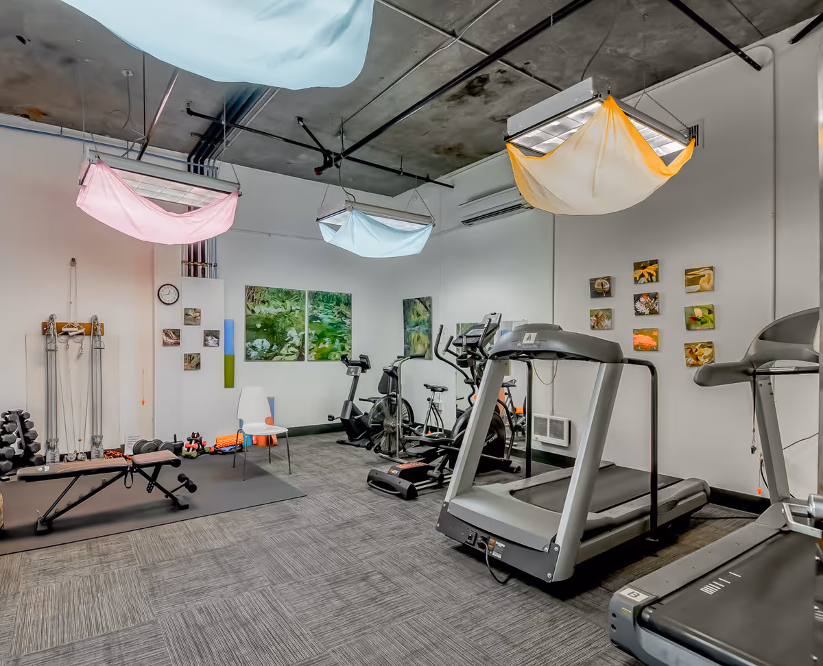 Interior view of a fitness room with exercise equipment including treadmills, stationary bikes, a weight bench with dumbbells, and resistance bands. The room has a gray carpeted floor, white walls decorated with nature-themed artwork, and ceiling lights covered with colorful fabric shades in pink, blue, and yellow.