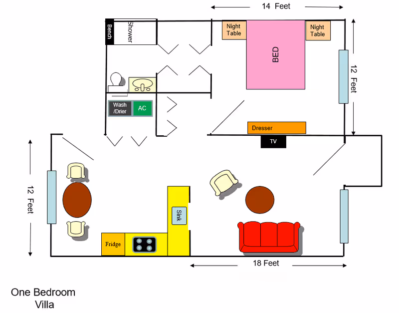 Floor plan of a one-bedroom villa showing a bedroom with a bed, two night tables, a dresser, and a TV. The living area includes a red sofa, two chairs, and a round coffee table. The kitchen area has a fridge, stove, sink, and a dining table with two chairs. The bathroom includes a shower, toilet, sink, wash/dryer, and AC unit. Dimensions of rooms and windows are also indicated.