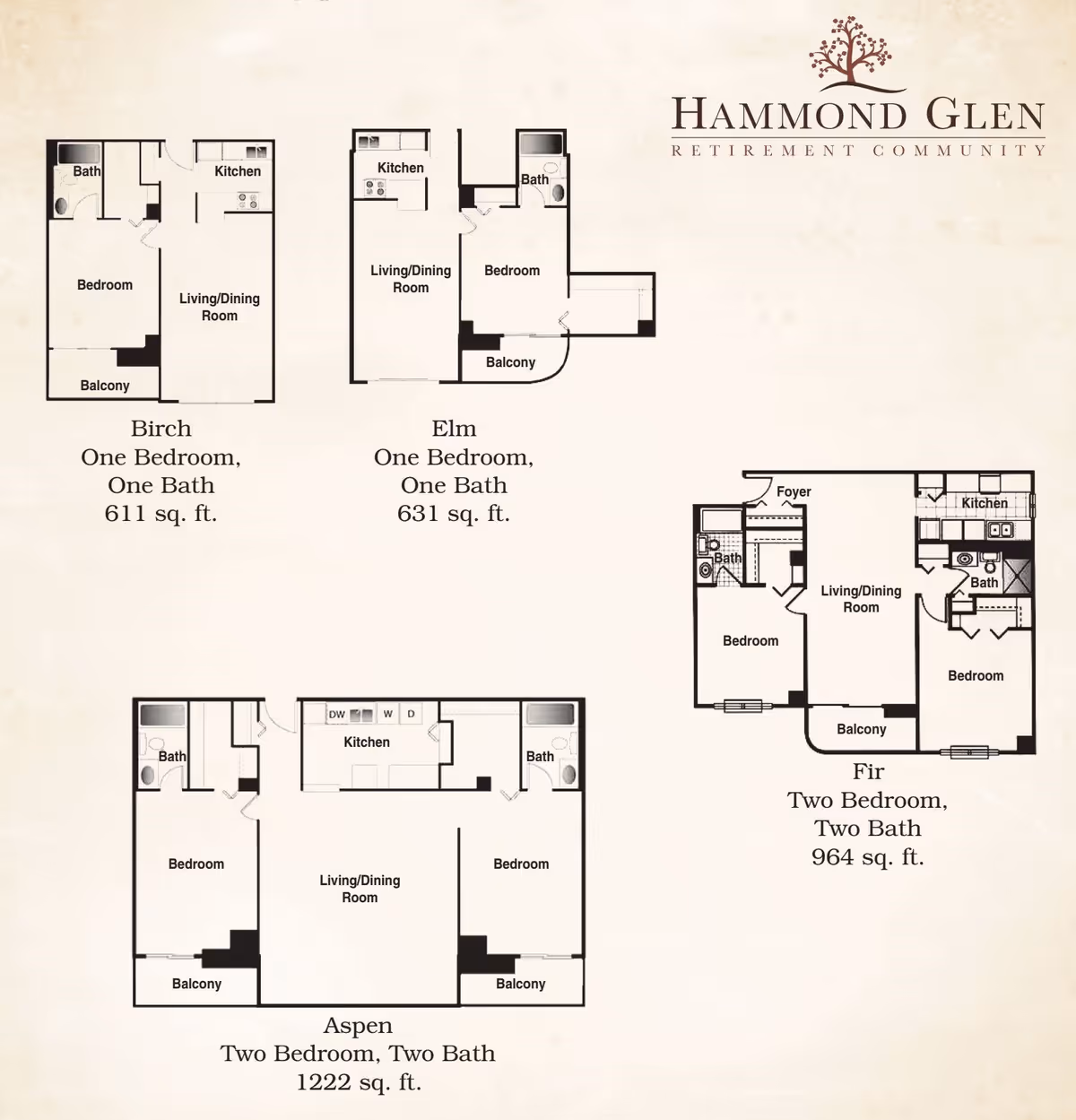 Floor plans for four apartment layouts at Hammond Glen Retirement Community: Birch (one bedroom, one bath, 611 sq. ft.), Elm (one bedroom, one bath, 631 sq. ft.), Fir (two bedroom, two bath, 964 sq. ft.), and Aspen (two bedroom, two bath, 1222 sq. ft.). Each plan shows the arrangement of bedrooms, bathrooms, kitchens, living/dining rooms, and balconies.