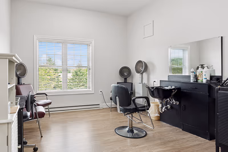 A bright and clean hair salon room with a large window showing green trees outside. The room features a black salon chair in front of a black counter with a sink, a large mirror, and various hair care products. There are two vintage hair dryers on stands and two maroon chairs along the left wall. The floor is light wood, and the walls are white.
