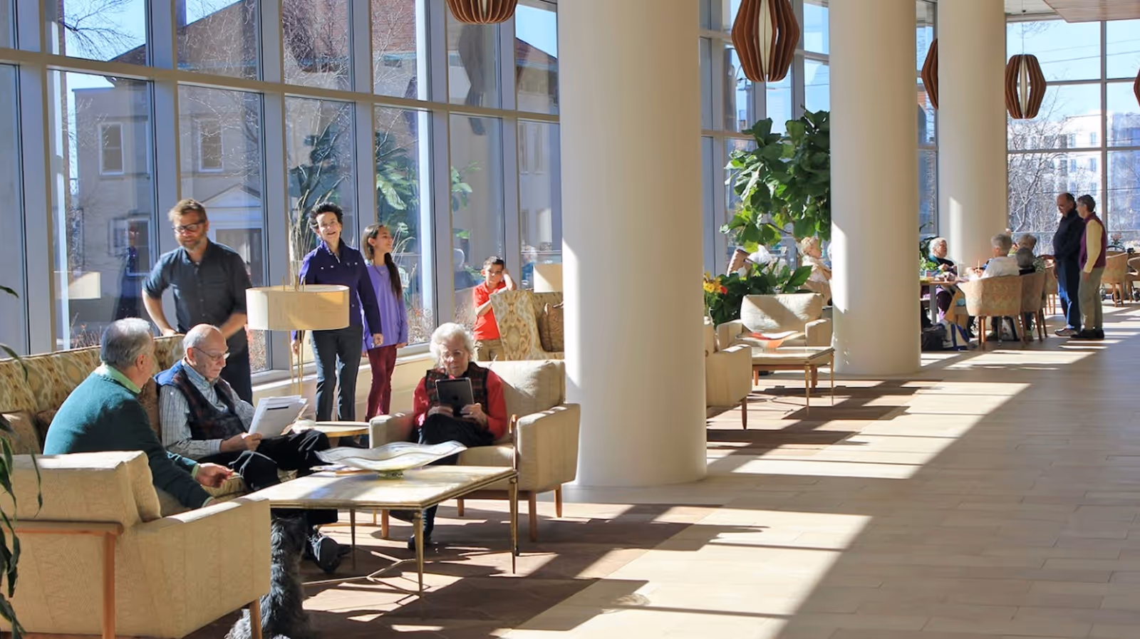 Sunlit indoor lounge with seniors and staff seated on sofas and chairs by large windows and columns.