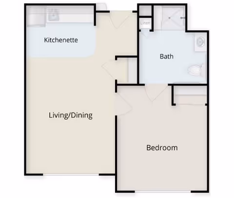 Floor plan of a one-bedroom apartment featuring a kitchenette, a combined living and dining area, a bedroom, and a bathroom with a linen closet.