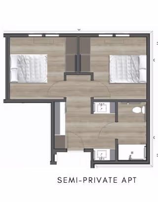 Floor plan of a semi-private apartment with two separate sleeping areas, each containing a bed. The layout includes a shared bathroom area with two sinks, a toilet, and a shower.