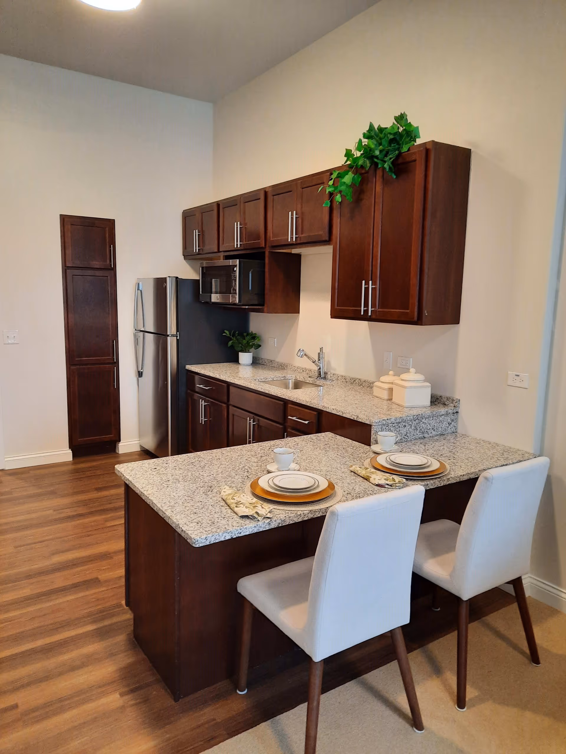 A modern kitchen with dark wood cabinets, a stainless steel refrigerator, a microwave, and a granite countertop island with two white chairs. The countertop is set with plates, cups, and napkins. There are small decorative plants on the countertop and above the cabinets.