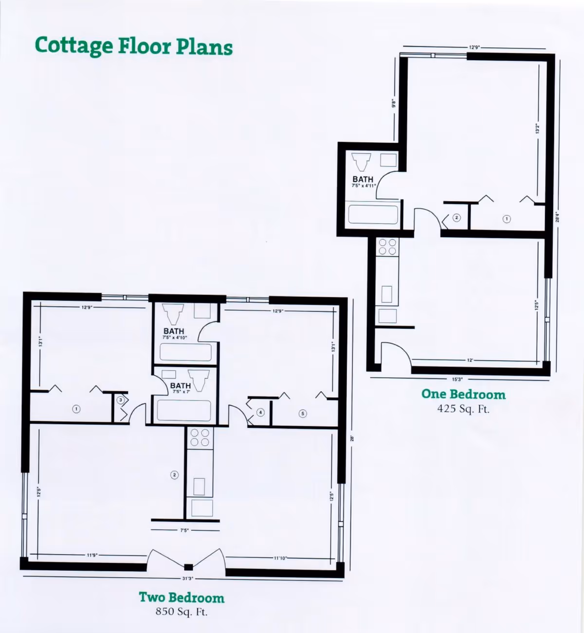 Floor plans for cottages at Day Brook Village Senior Living showing layouts for one bedroom (425 sq. ft.) and two bedroom (850 sq. ft.) units. Each plan includes labeled rooms such as bath, kitchen, and bedrooms with dimensions.