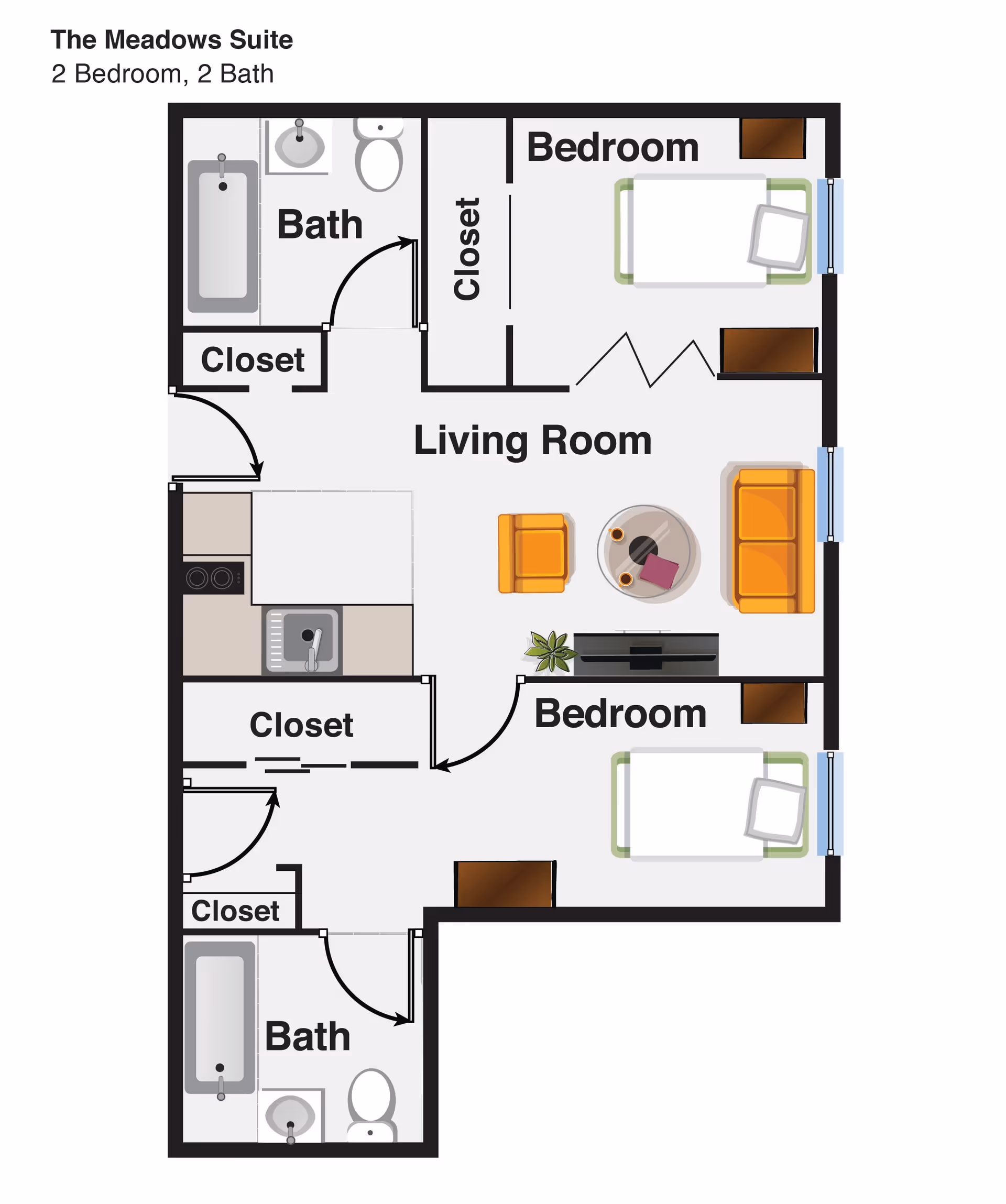 Floor plan of The Meadows Suite showing a 2 bedroom, 2 bath layout with closets, a living room with seating and a TV, and a kitchen area.