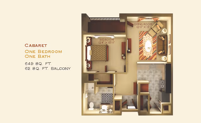 Floor plan of a one-bedroom, one-bath apartment named Cabaret at Adante Independent Living, showing a bedroom, living room, kitchen, bathroom, and a balcony. The bedroom measures 12'4" x 10'11", and the living room measures 12'11" x 13'. The total area is 649 square feet with an additional 62 square feet balcony.