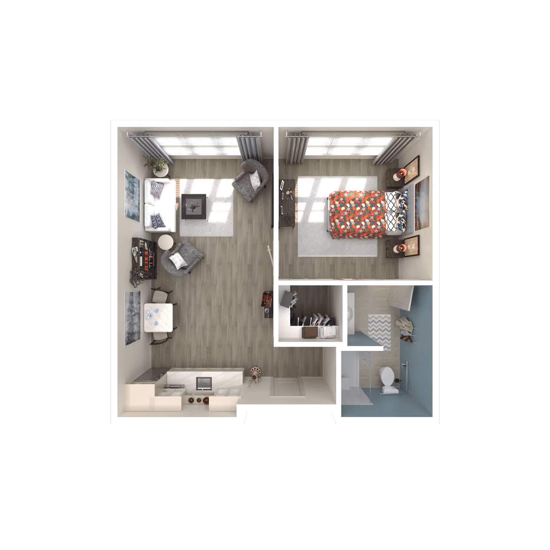 Top-down view of a one-bedroom apartment floor plan showing a living room with sofa, two armchairs, coffee table, and small dining table with two chairs. Adjacent is a kitchen area with appliances. The bedroom has a bed with a colorful floral bedspread, two nightstands with lamps, and a dresser. There is a bathroom with a toilet, sink, and shower, and a small closet space near the bedroom.