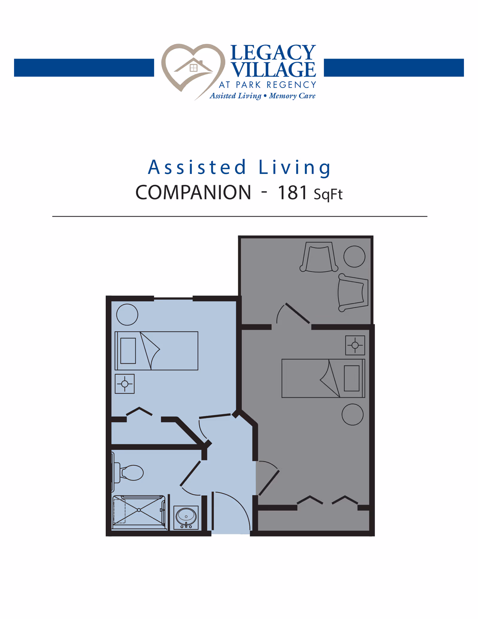 Floor plan of an assisted living companion unit at Legacy Village at Park Regency, showing two bedrooms, a shared bathroom with a shower, toilet, and sink, and a small sitting area with two chairs.