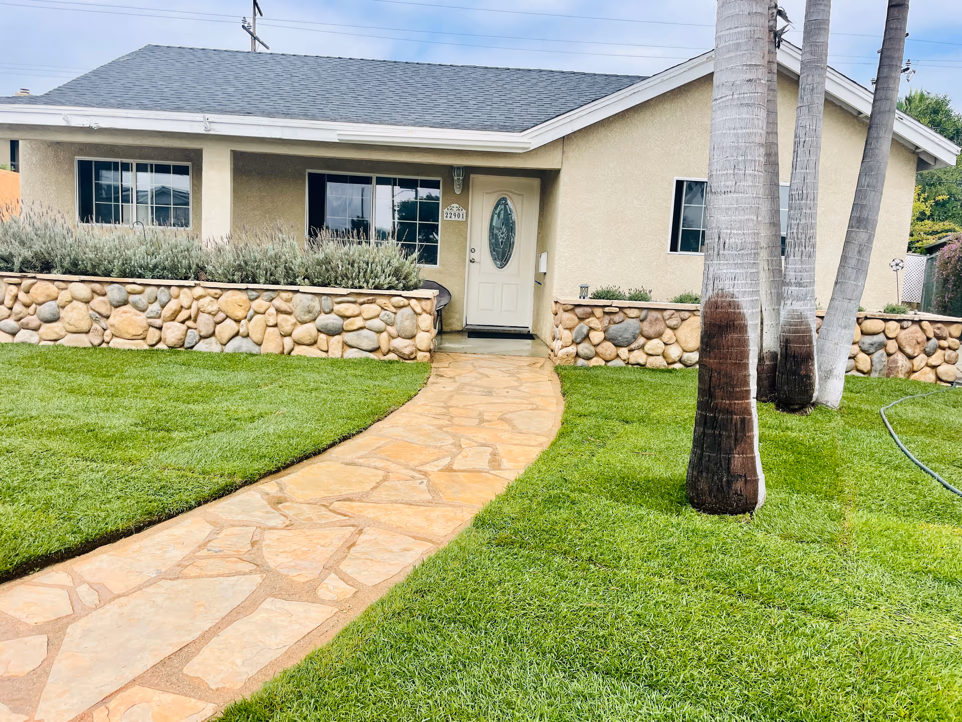 Front exterior view of a single-story house with a stone pathway leading to a white front door. The house has beige walls, a gray shingled roof, and two windows visible on either side of the door. There is a stone wall with plants behind it along the front of the house and three tall palm trees on the right side of the pathway, surrounded by green grass.