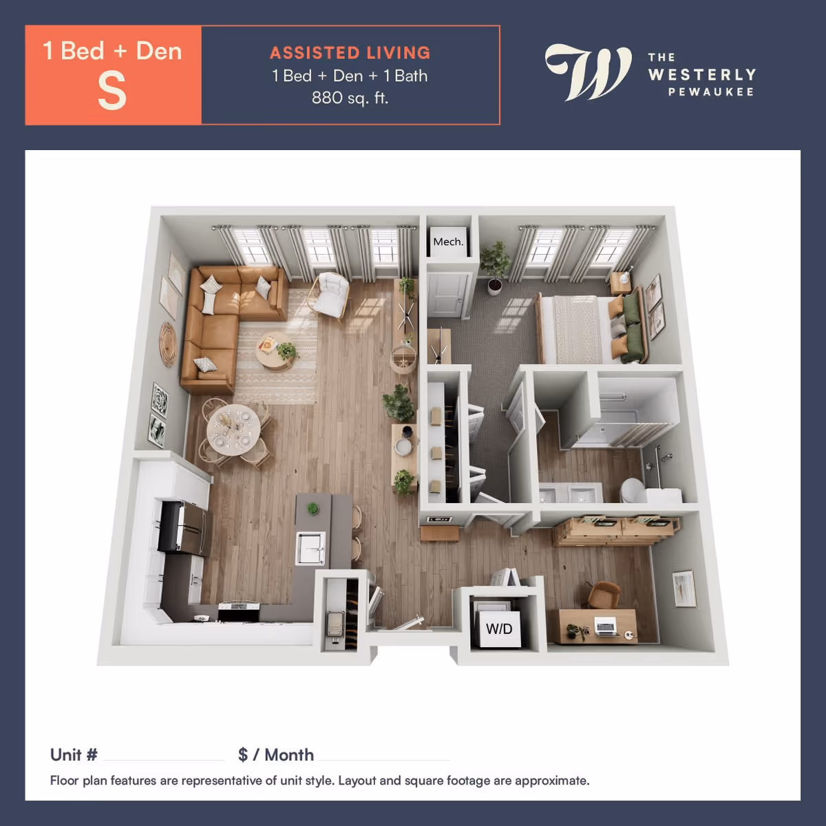 Top-down 3D floor plan of a one-bedroom plus den assisted living apartment showing an open living/kitchen area, bedroom, bathroom, den/office and washer/dryer.