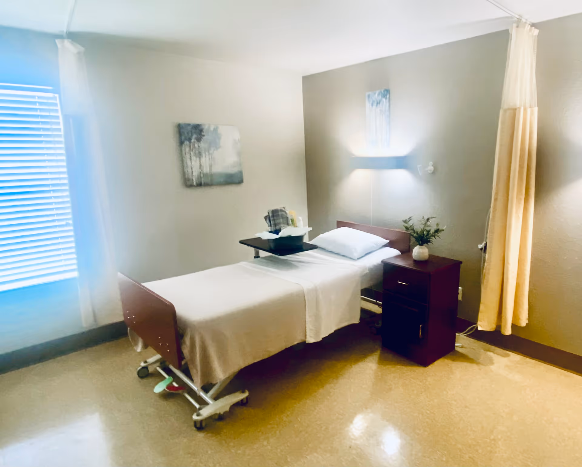 A simple, clean hospital-style room with a single bed covered in white linens and a beige blanket. Next to the bed is a dark wooden nightstand with a small plant on top. A wall-mounted light fixture illuminates the room, and a window with closed blinds and sheer curtains is on the left side. A piece of artwork depicting trees hangs on the wall above the bed.