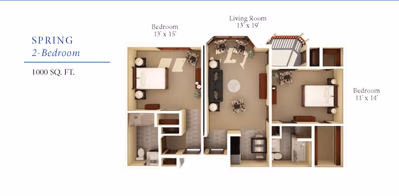 Top-down floor plan rendering of a 'Spring' two-bedroom, 1000 sq. ft. apartment showing labeled rooms and furniture.