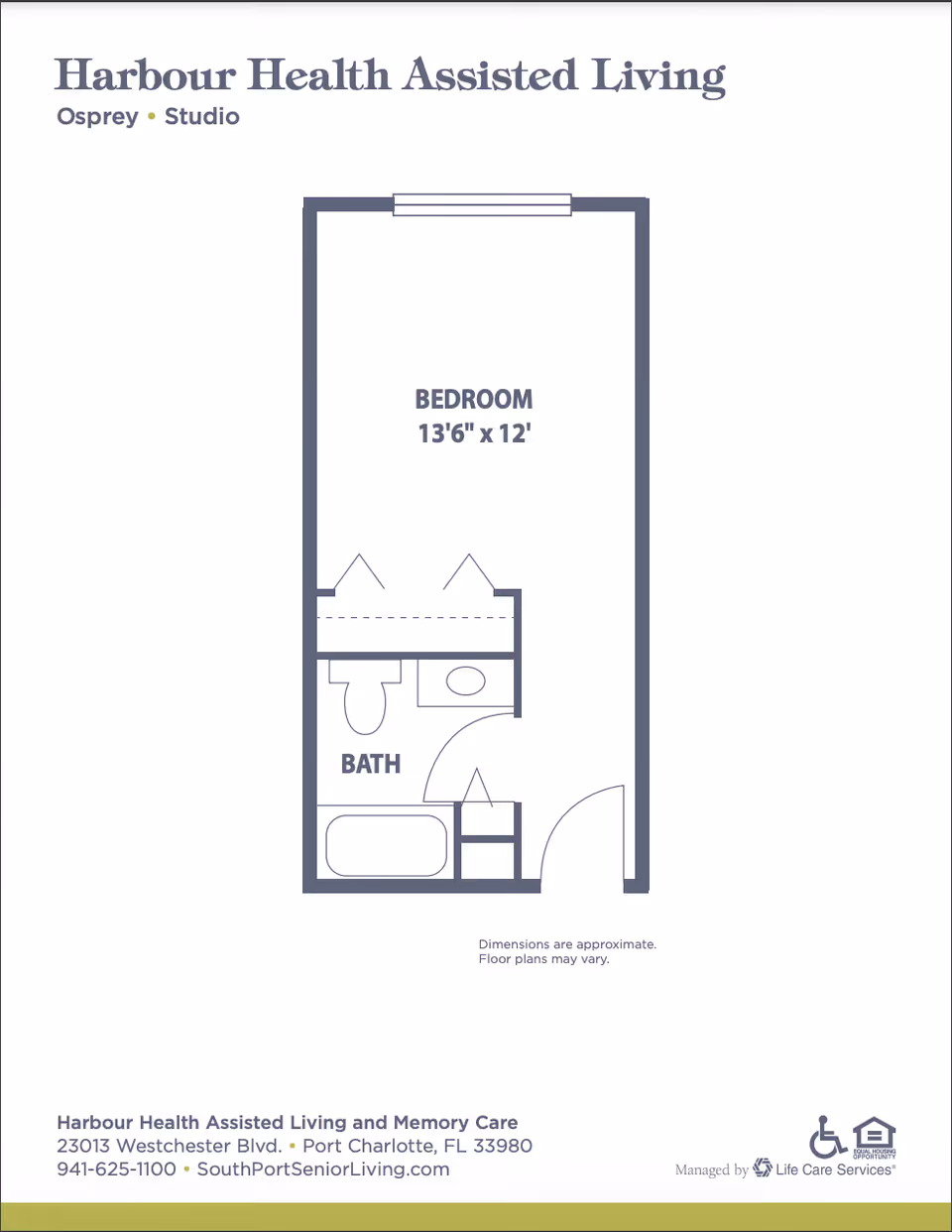 Floor plan of a studio apartment at Harbour Health Assisted Living showing a bedroom measuring 13 feet 6 inches by 12 feet, and a bathroom with a bathtub, toilet, and sink. The entrance door opens into a small hallway leading to the bedroom and bathroom.
