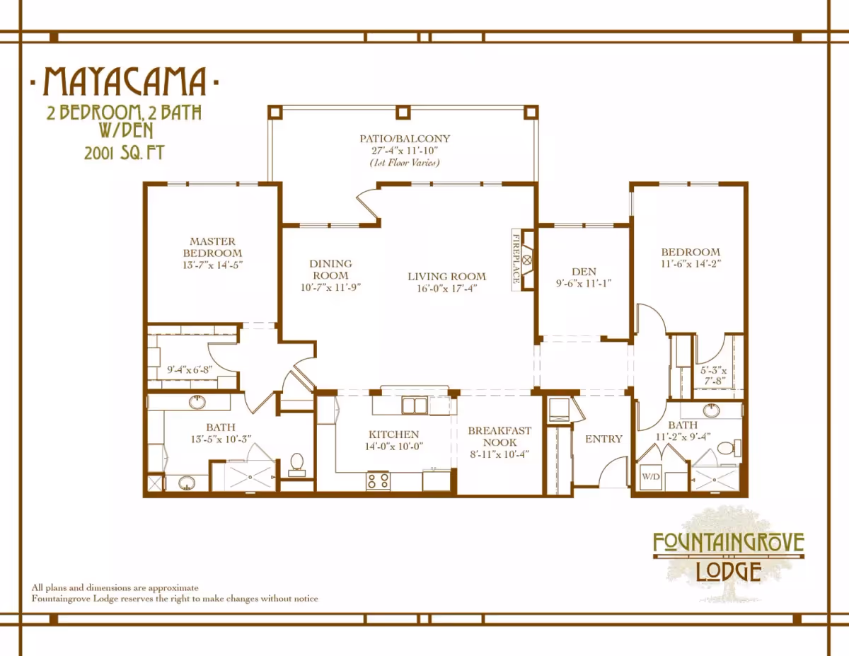 Floor plan of Mayacama unit at Fountaingrove Lodge showing 2 bedrooms, 2 bathrooms, a den, kitchen, breakfast nook, dining room, living room with fireplace, and a patio/balcony. Dimensions for each room are provided.