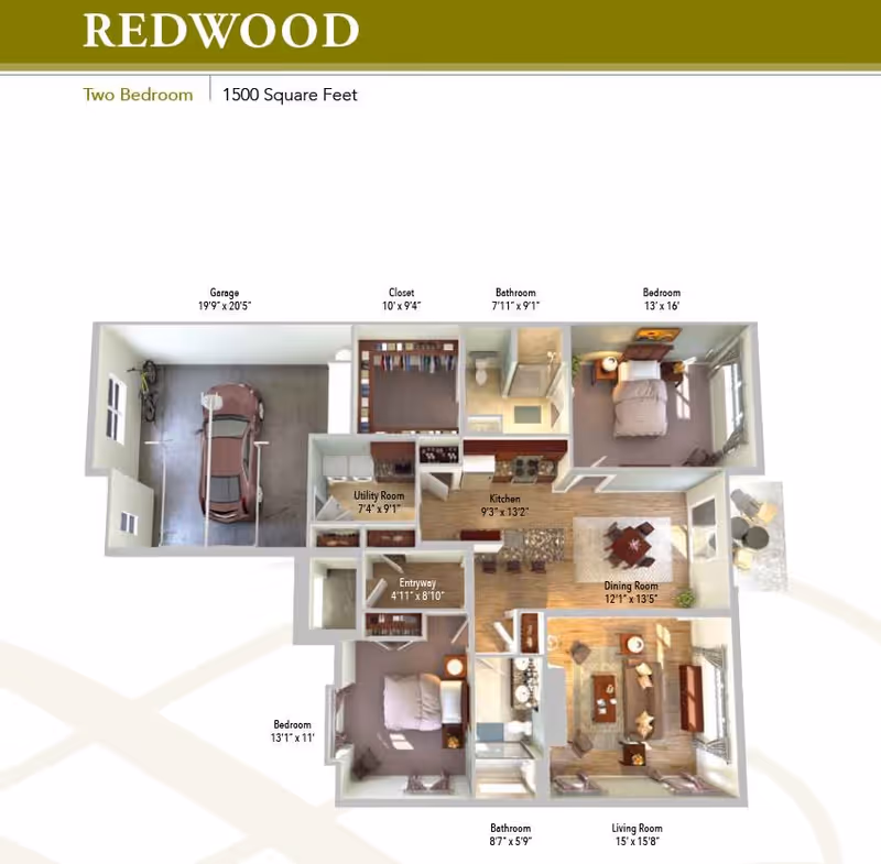 3D floor plan of a two-bedroom apartment named Redwood with 1500 square feet. The layout includes a garage, two bedrooms, two bathrooms, a closet, utility room, kitchen, dining room, living room, and entryway. Each room is labeled with dimensions.