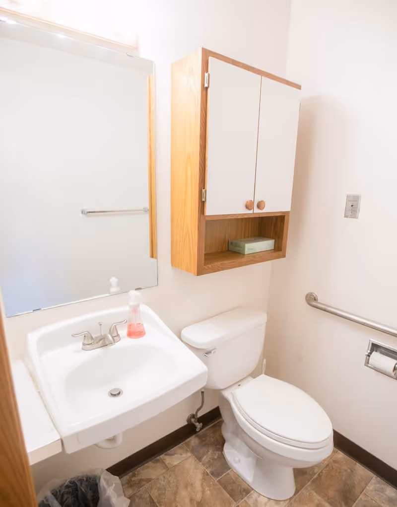 Small bathroom with a sink and mirror, toilet, wall-mounted cabinet, and grab bar.