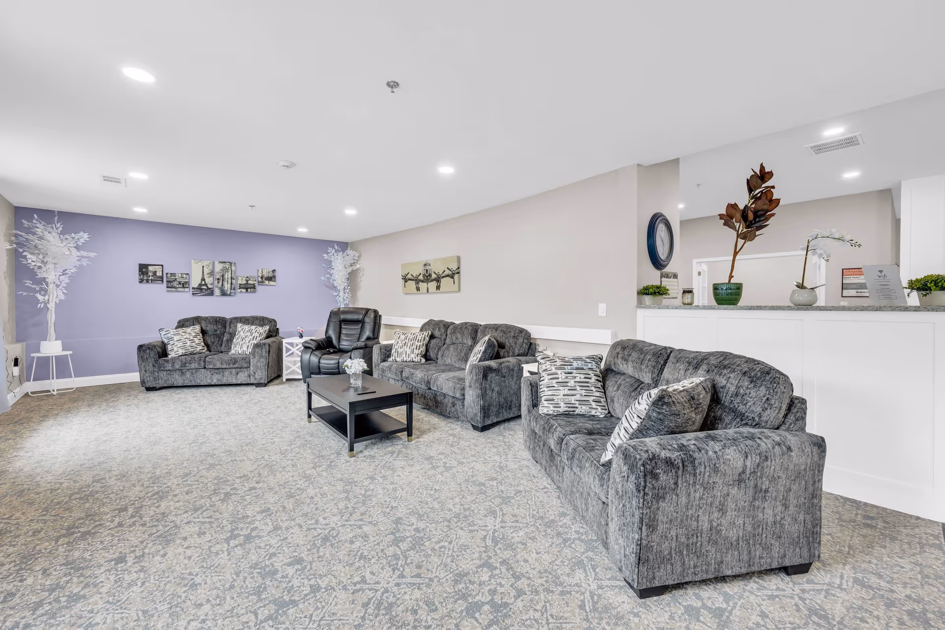 A spacious senior living facility common area with three gray upholstered sofas, a black recliner chair, and a black coffee table with a small flower vase. The room features a light purple accent wall with black and white framed pictures, two white decorative plants, and a beige wall with an airplane artwork. There is a white reception counter with potted plants and a clock on the wall behind it. The floor is covered with a patterned carpet.
