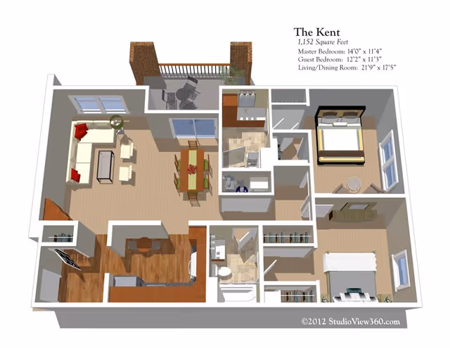 3D floor plan of an apartment named The Kent with 1,152 square feet, featuring a master bedroom, guest bedroom, living/dining room, kitchen, two bathrooms, closets, and a balcony with outdoor seating.