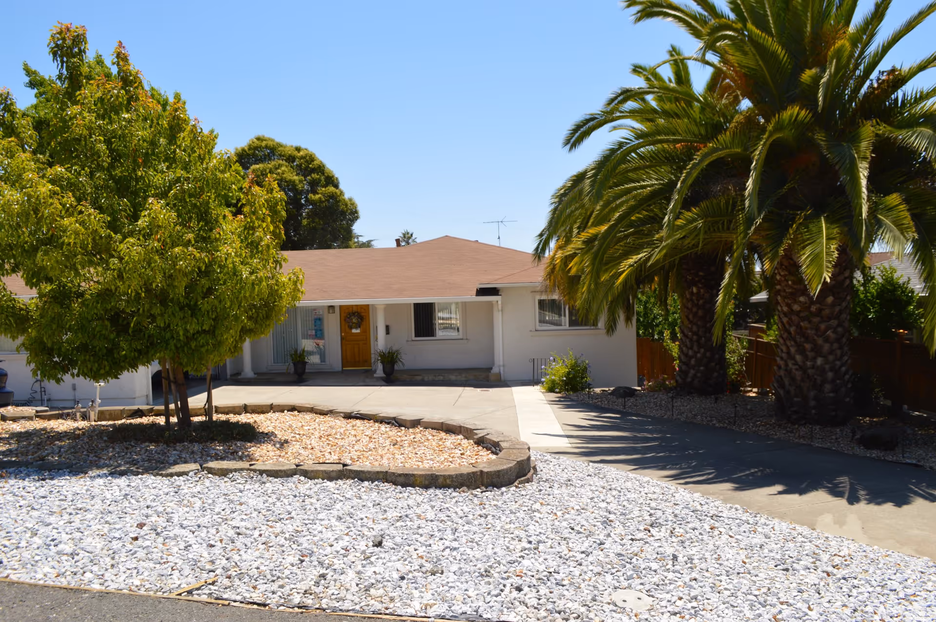 Single-story house front with a driveway, palm trees, and rock landscaping under a clear sky.