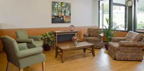 A cozy senior living lounge with green chairs, patterned armchairs, plants, and a coffee table.
