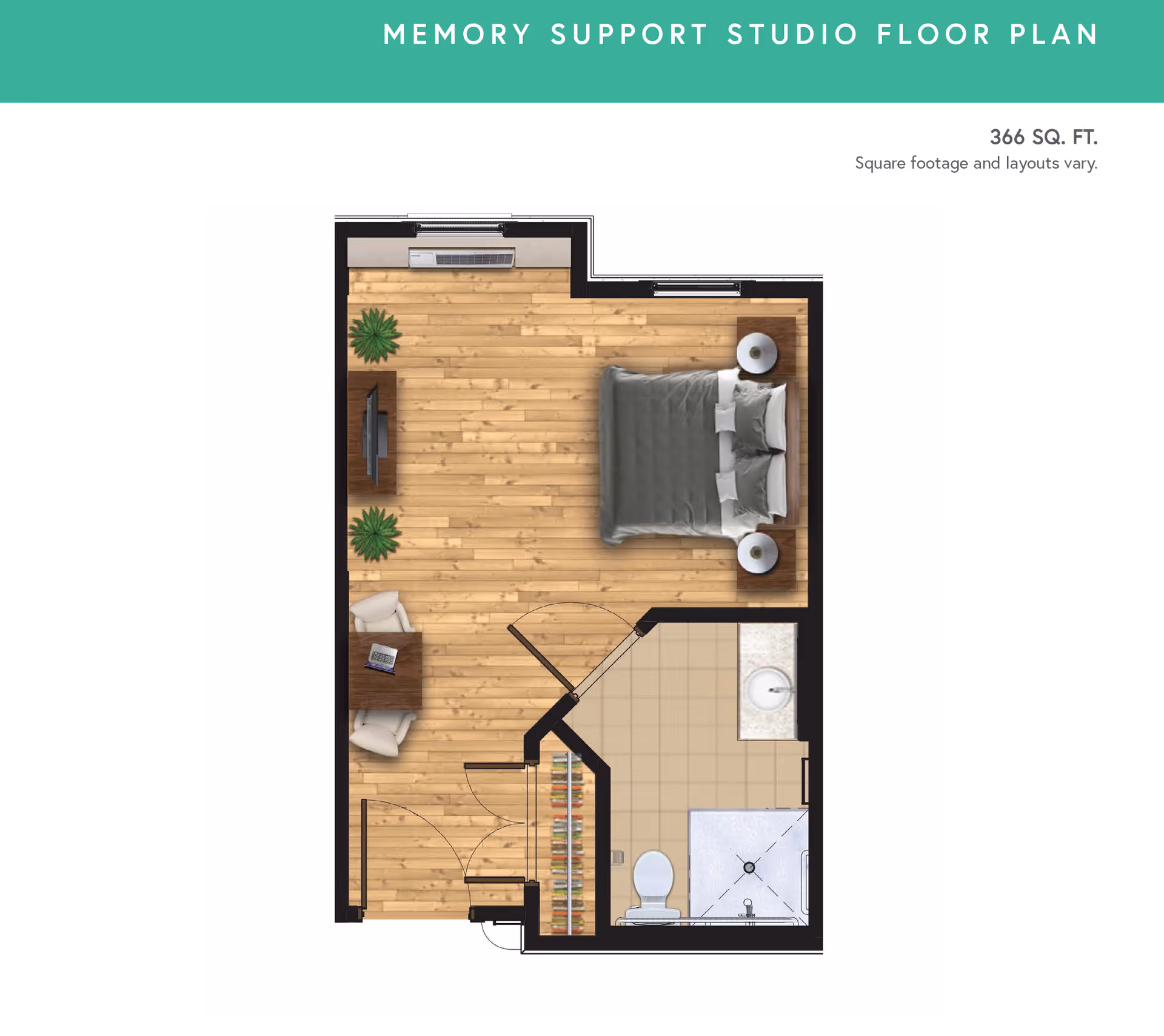 Floor plan of a memory support studio apartment showing a combined living and sleeping area with a bed, two nightstands, a TV on a stand, two chairs with a small table, and a bathroom with a toilet, sink, and shower.