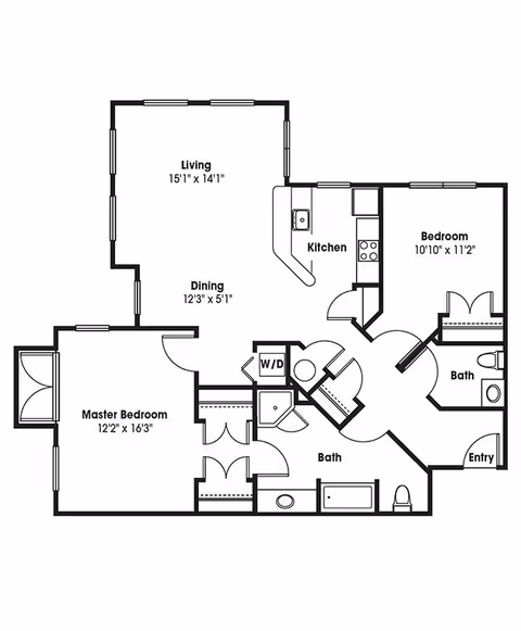 Floor plan of a residential unit showing a master bedroom, a second bedroom, two bathrooms, a kitchen, a living room, a dining area, and an entry. The master bedroom measures 12'2" x 16'3", the second bedroom measures 10'10" x 11'2", the living room is 15'1" x 14'1", and the dining area is 12'3" x 5'1". The layout includes a washer/dryer area and closets.