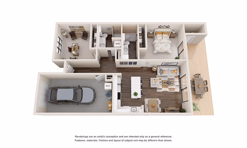 3D floor plan of a single-story apartment featuring a garage with a car, a living room with a sofa and coffee table, a kitchen with an island and dining area, one bedroom with a bed and nightstands, an office with a desk and chairs, two bathrooms, a laundry area with washer and dryer, and an outdoor patio with a dining table and chairs.